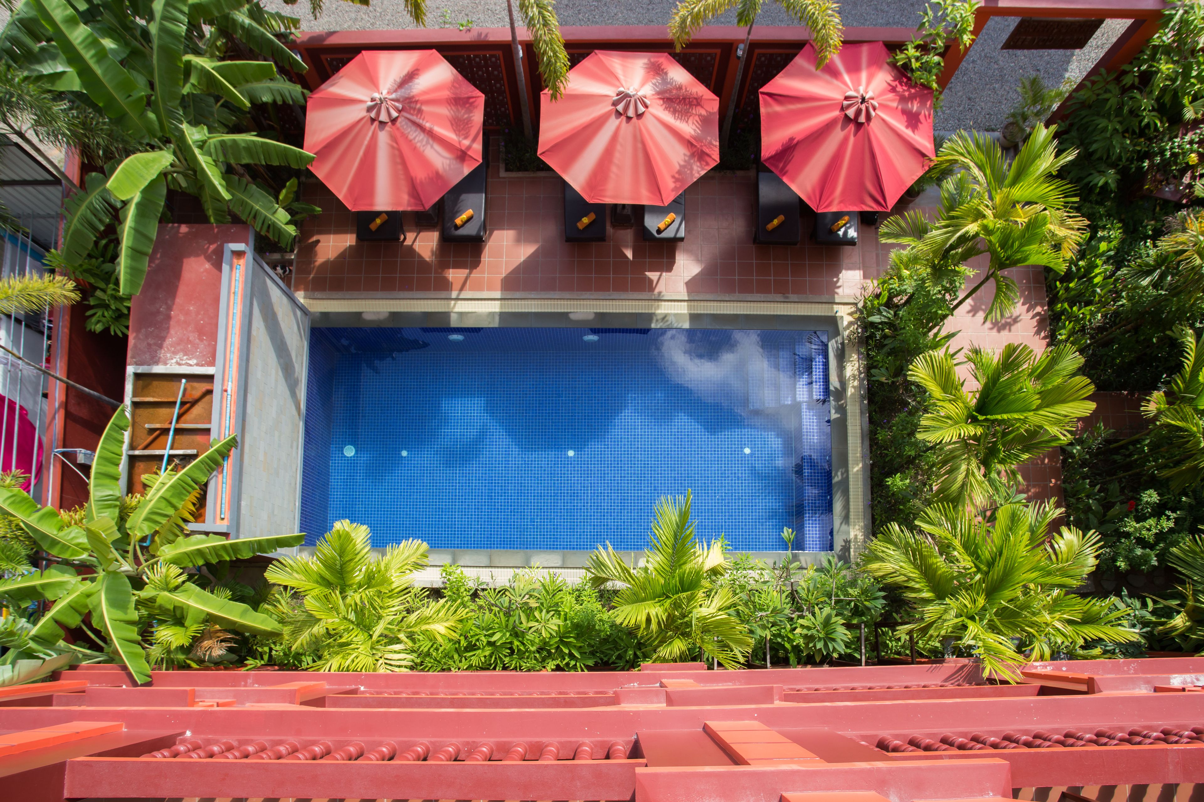 A pool area with three red umbrellas, surrounded by lush greenery and a tiled pool.