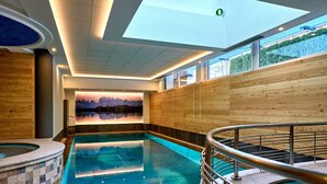 An indoor swimming pool with a wooden wall and a mural of mountains. - Hotel Cristina (Pinzolo)
