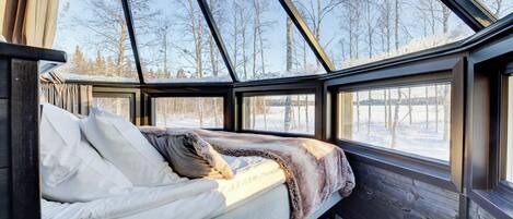 A cozy cabin interior with a bed, large windows, and a view of a snowy forest.