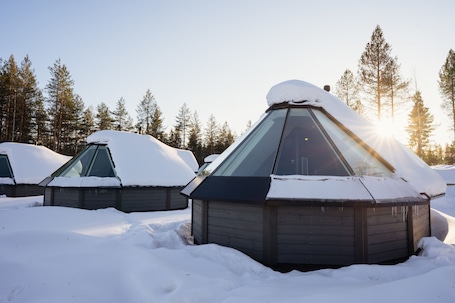 A row of snow-covered cabins with a clear sky and trees in the background.