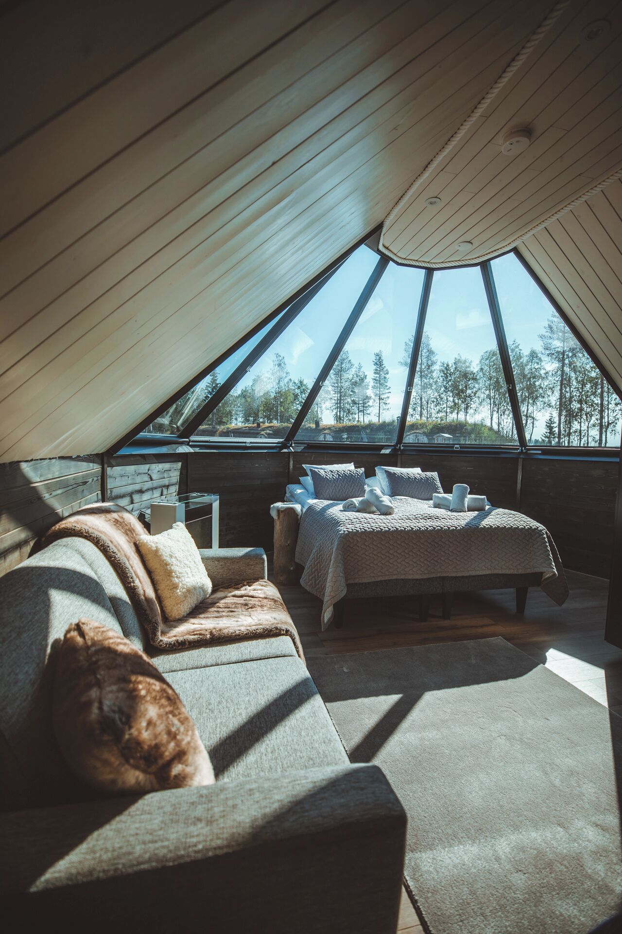 An attic bedroom with a large bed, a sofa, and a view of trees through the skylight.