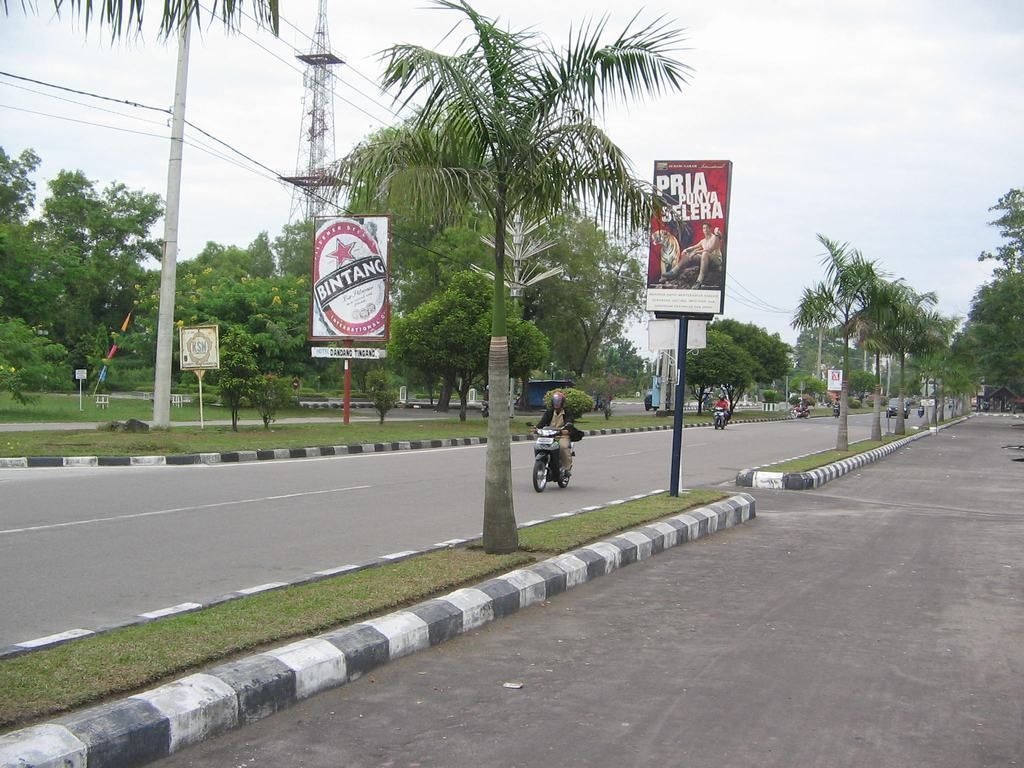 A street with palm trees, a Bintang sign, and a PRIA sign.