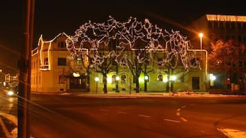 A building with a snow-covered street in front, illuminated by streetlights and decorative lights on trees.