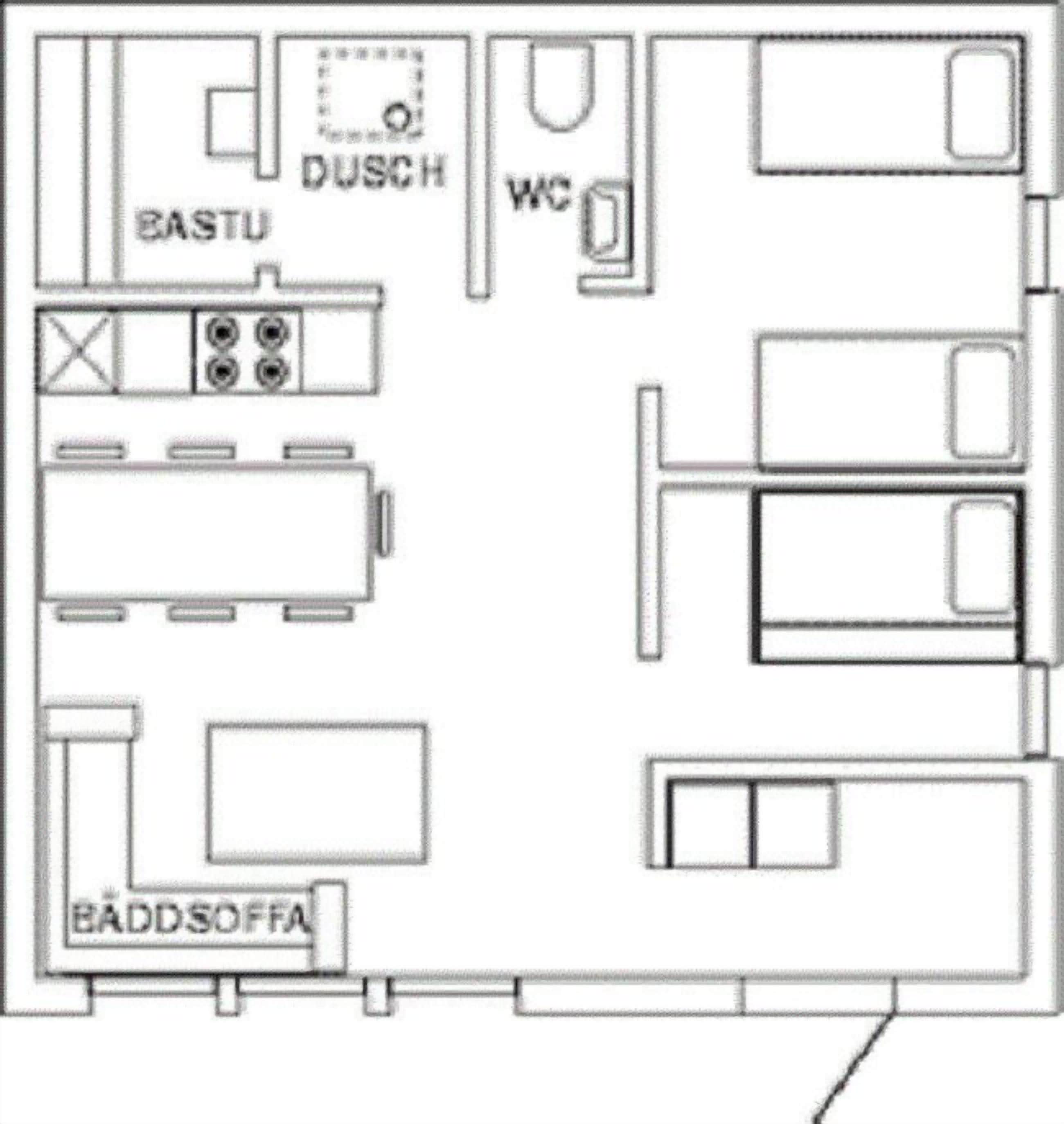 A floor plan of a hotel room with a kitchenette, a bathroom, and a dining area.