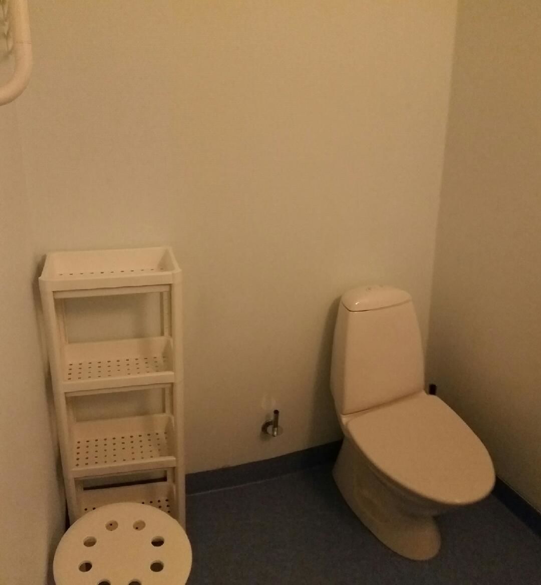 Ein kleines Badezimmer mit Toilette, einem weißen Regal und einem runden Hocker.