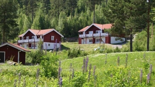 Dos casas de madera roja con detalles blancos y balcones, rodeadas de abundante vegetación y altos árboles.
