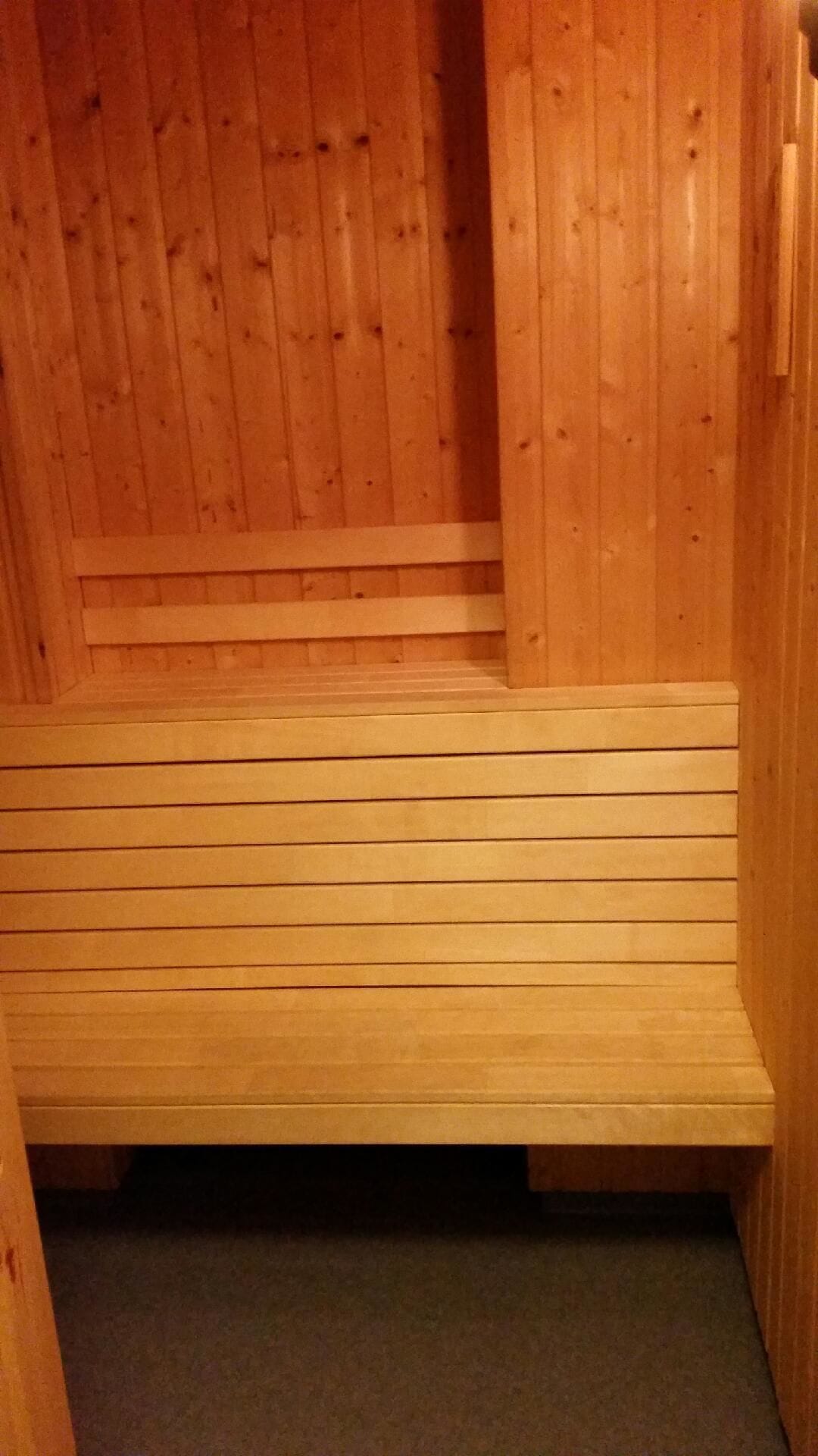 A wooden sauna with benches and a dark floor.