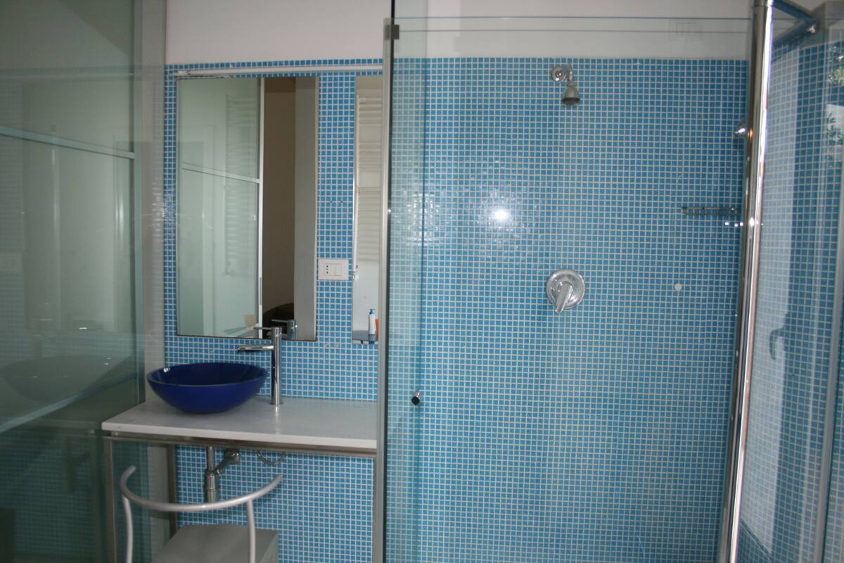 A bathroom with a blue tiled wall, a glass shower enclosure, a white sink with a blue basin, and a mirror above the sink.
