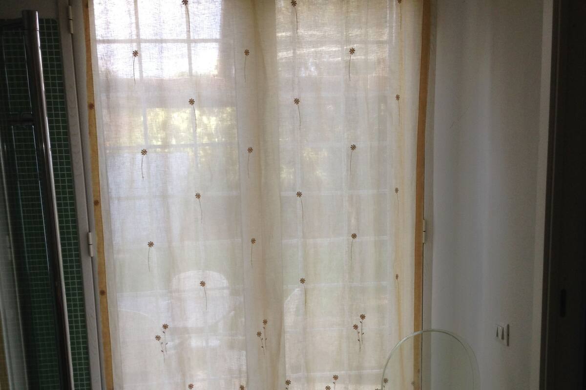 A room with a large window covered by a sheer curtain with floral patterns, a clear plastic chair, and a patterned rug on the floor.