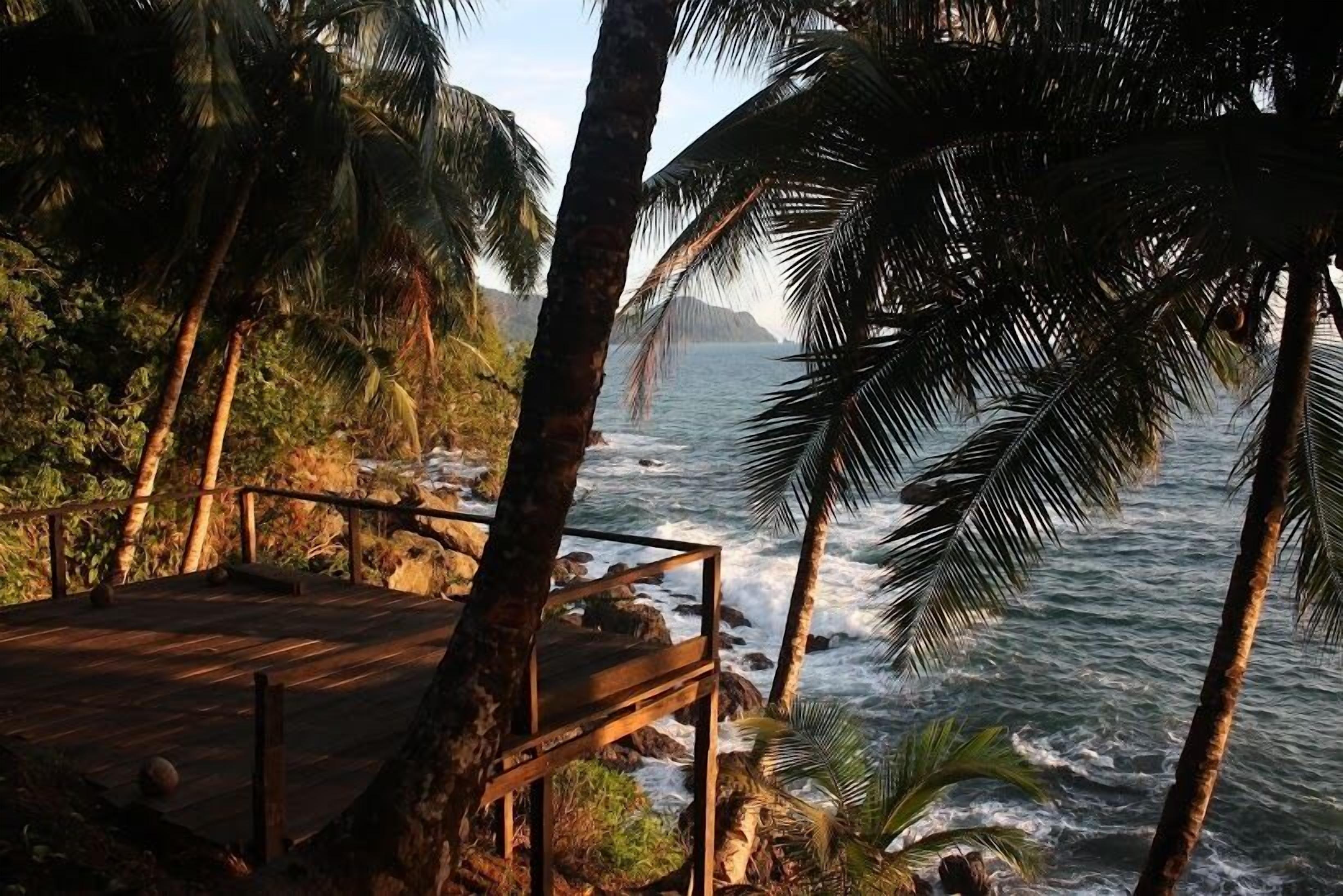 A wooden deck overlooking a rocky coastline with palm trees, suggesting a beachfront setting.