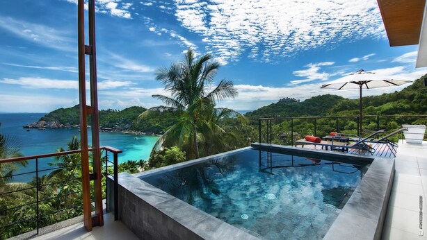 A rooftop infinity pool with a view of a coastal landscape and palm trees. - Villas Del Sol Resort (Koh Tao)