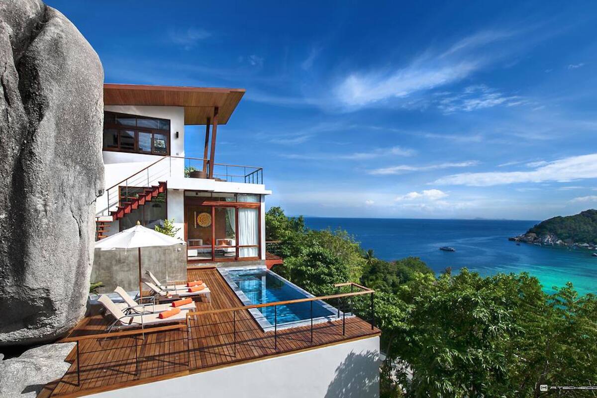 Villa – panorama, 3 soverom, kjøkken, strandutsikt (Eleadora) | Terrasse/patio