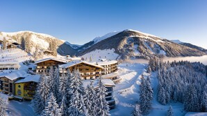 Une station de montagne enneigée, composée de plusieurs bâtiments, dont un grand chalet doté de balcons, le tout entouré de forêts denses et d’arbres recouverts de neige.