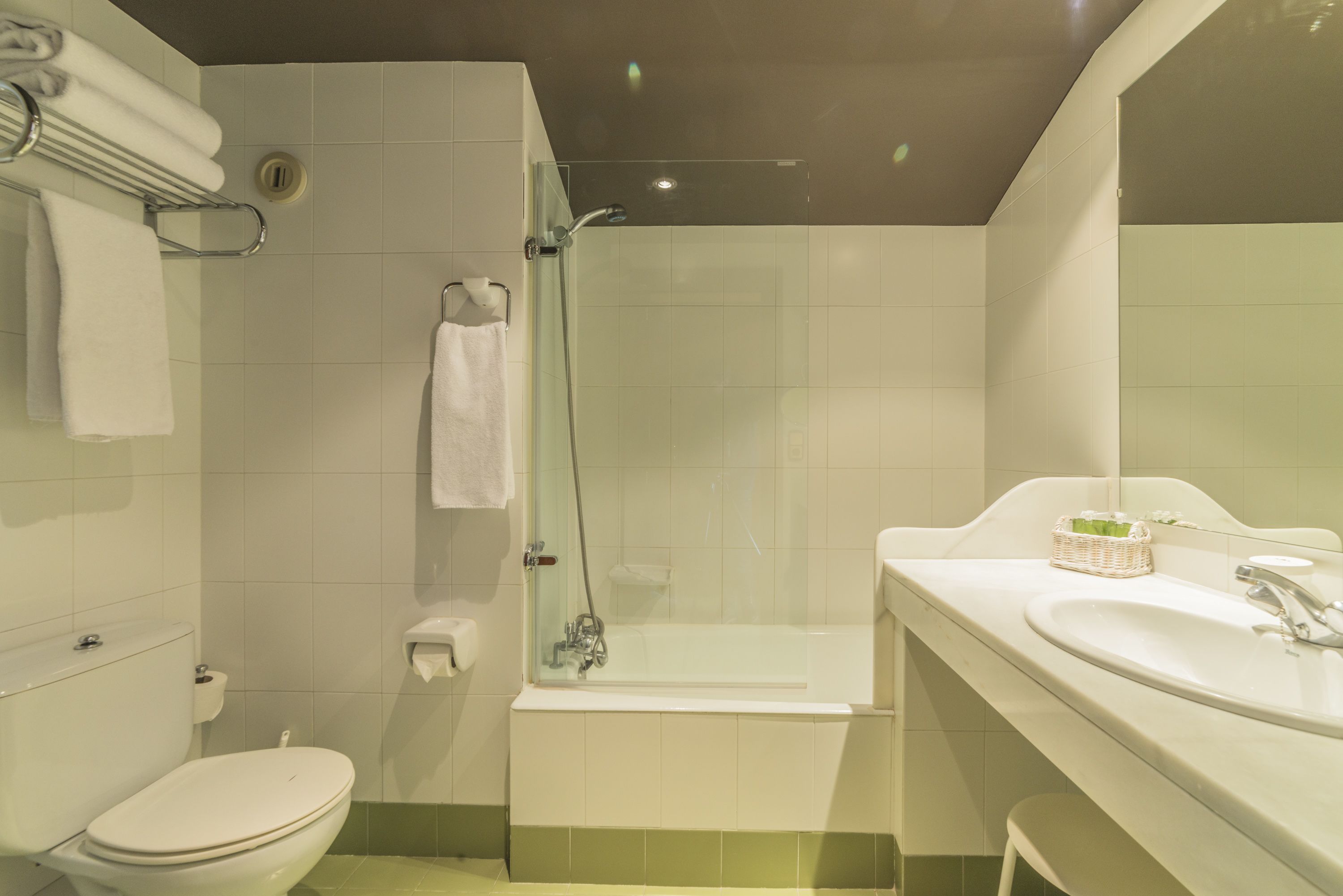 A bathroom with a toilet, a glass-enclosed shower, a sink, and a mirror.