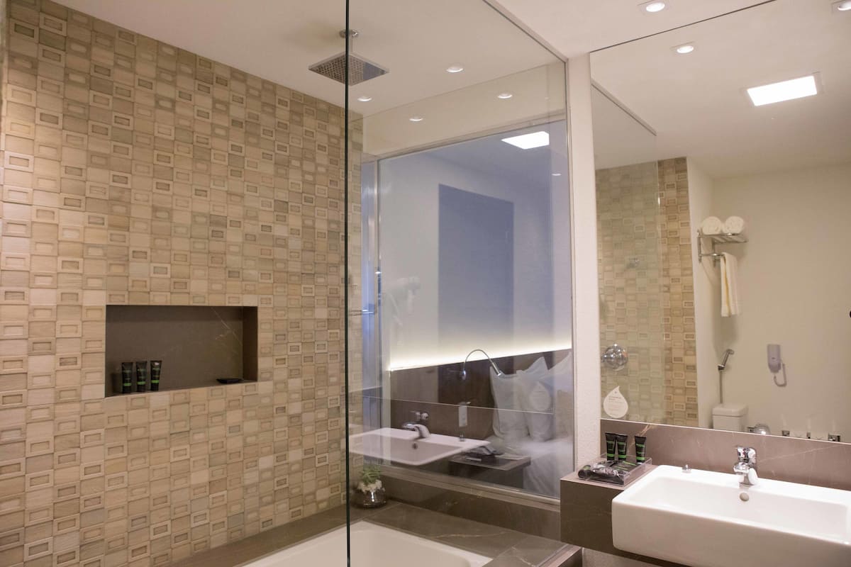 premium room, 1 king bed, non smoking | bathroom | shower, free toiletries, hair dryer, towels