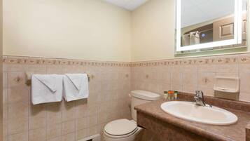 Combined shower/tub, free toiletries, hair dryer, towels