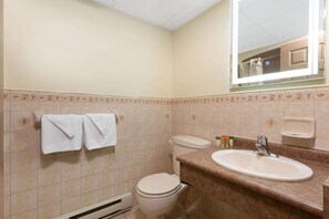 Combined shower/tub, free toiletries, hair dryer, towels
