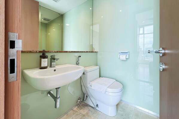 A bathroom with a sink, toilet, and a mirror.