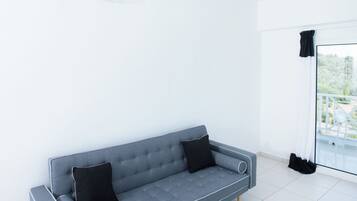 A modern, grey sofa with two black cushions in a bright, minimally furnished room with white walls and a large window.