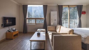 Una habitación de hotel con cama, sofá, televisión, una mesita y ventana con cortinas.