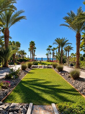 Un jardín ajardinado con palmeras, un camino y vista al océano.