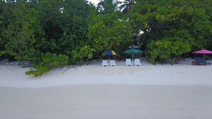 Una playa con sillas de playa y sombrillas blancas, rodeada de abundante follaje verde.