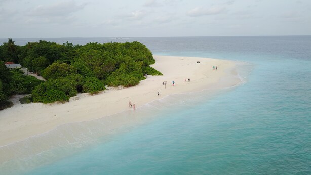 Una playa con aguas turquesas cristalinas y una orilla arenosa.