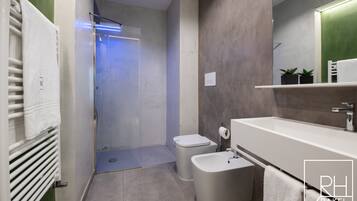 A modern bathroom with a shower, toilet, bidet, and sink.