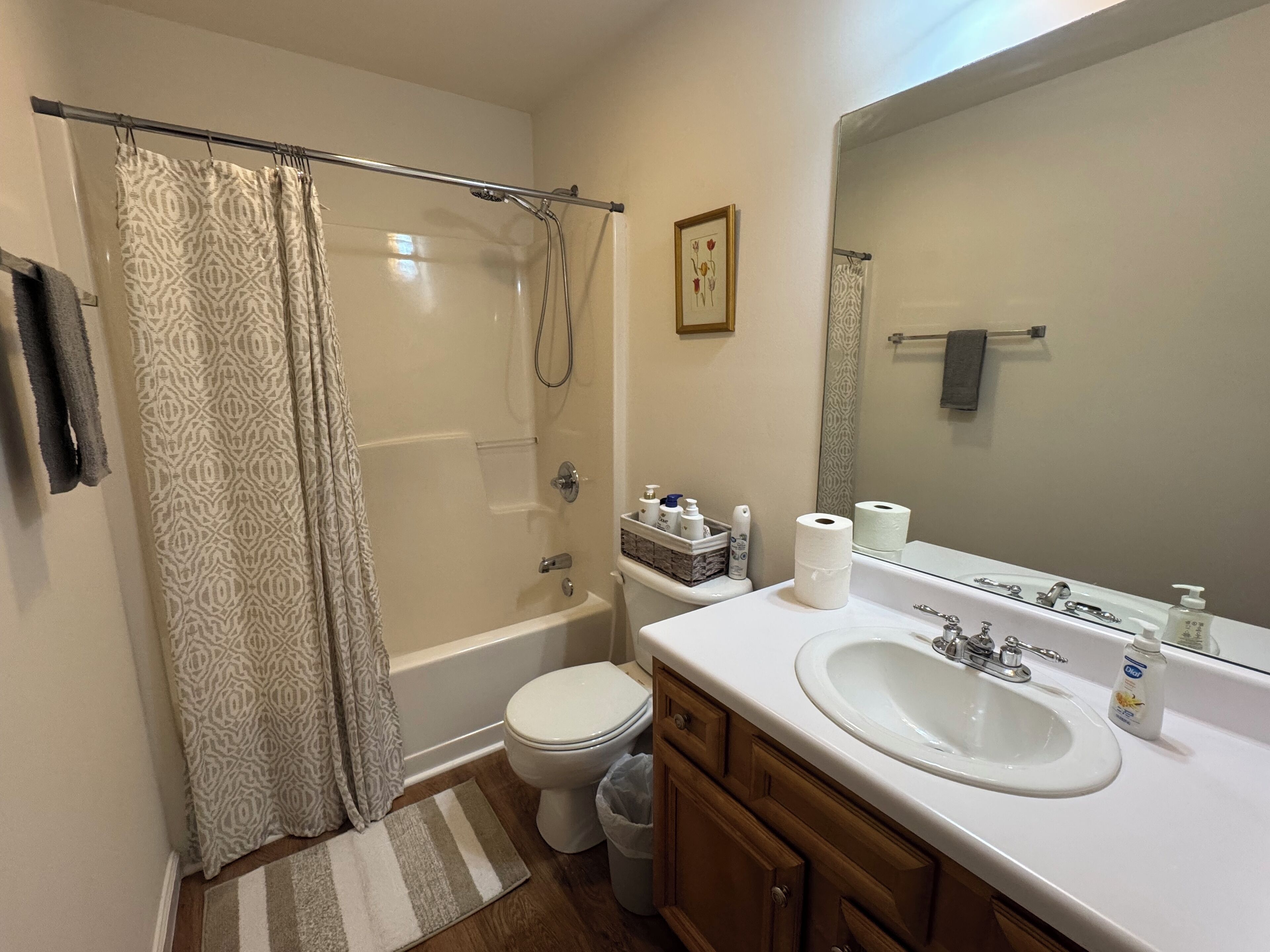 A bathroom with a shower, toilet, sink, and a large mirror.