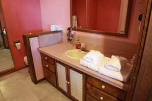 Bathtub, hair dryer, towels, toilet paper