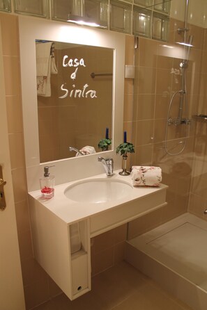 Ducha, secador de pelo, toallas, jabón