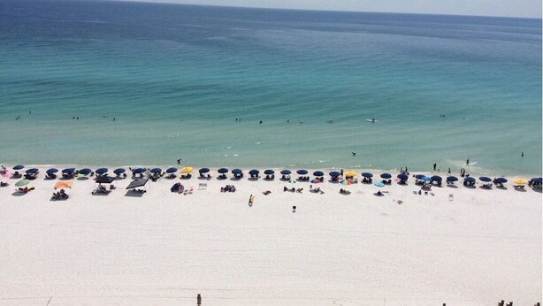 A beach with rows of umbrellas and people.