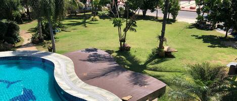 Una piscina de borde curvo, rodeada de césped con palmeras y vista al océano.