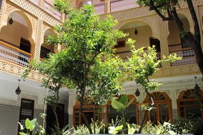 A courtyard with ornate arches, a large tree, and hanging lanterns.