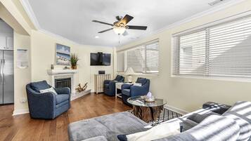 Smart TV, fireplace, books, stereo