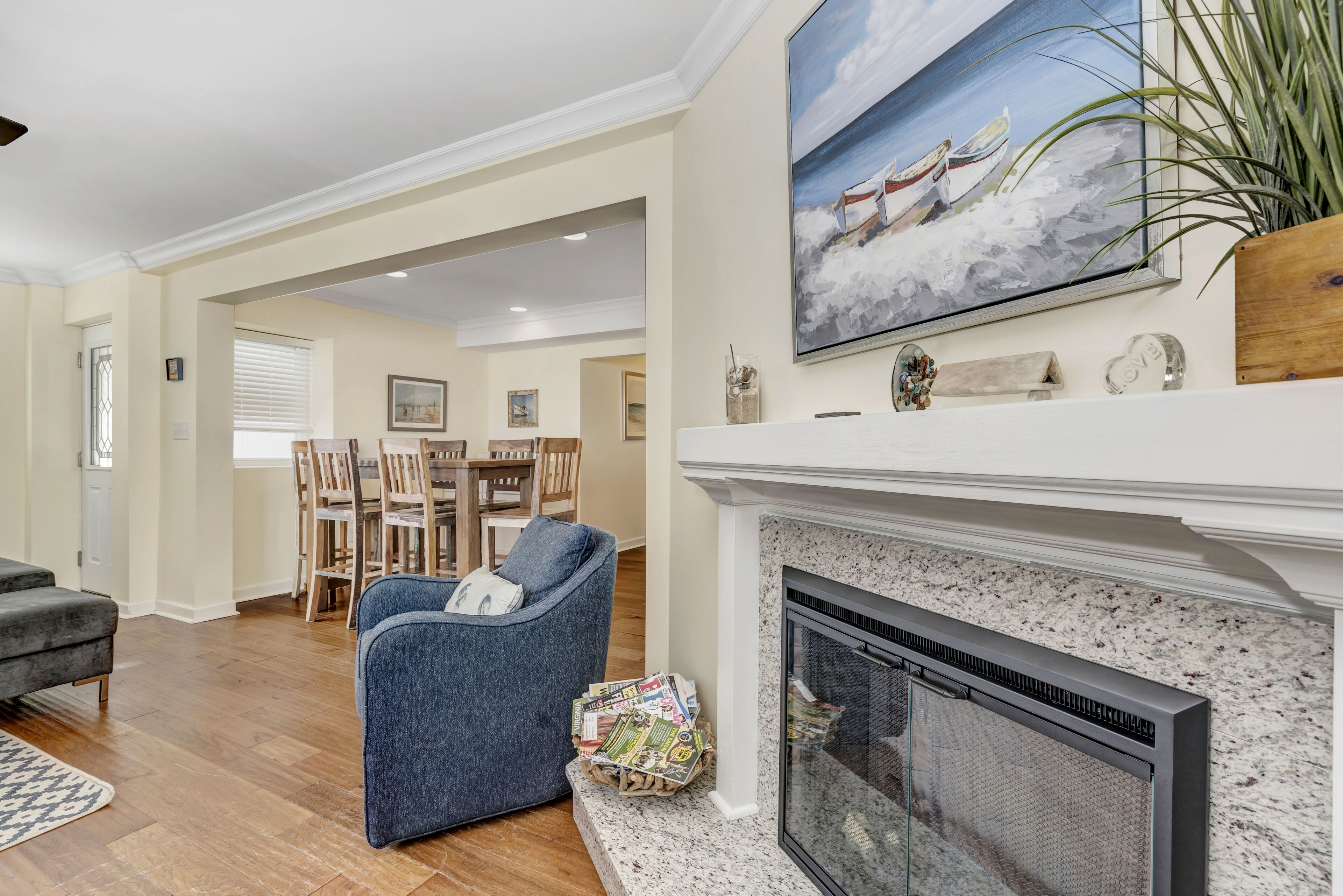 TV connectée, cheminée, livres, chaîne hi-fi