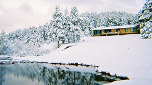 A snow-covered landscape with a building on a hill, a body of water, and trees.