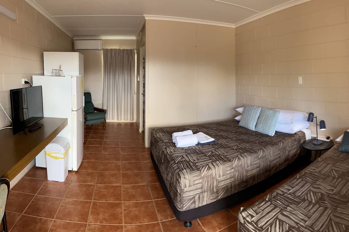 Una habitación de hotel con dos camas, televisión, escritorio y cesto de basura.