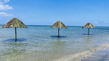 Three thatched umbrellas in shallow water, likely on a beach.