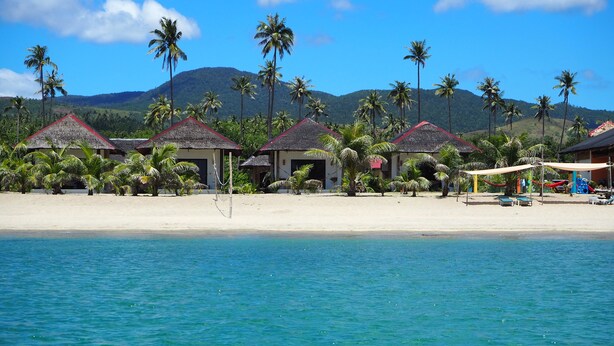 A beach resort with thatched-roof huts, palm trees, and a clear view of the ocean. - Footprints Beach Resort (San Andres)