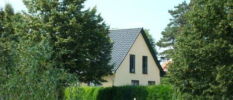 Une maison de plain-pied avec un toit en pente, entourée d’une végétation luxuriante et d’arbres.