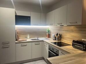 Frigorífico, microondas, horno y placa de cocina