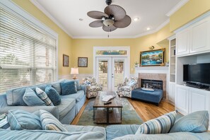 Smart TV, fireplace, video games, DVD player