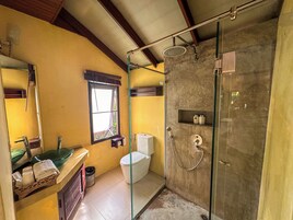 Shower, free toiletries, hair dryer, towels