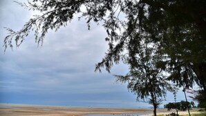 A coastal landscape with a sandy beach, a small water body, and a tree in the foreground. - Little Home Beach (Kui Buri)