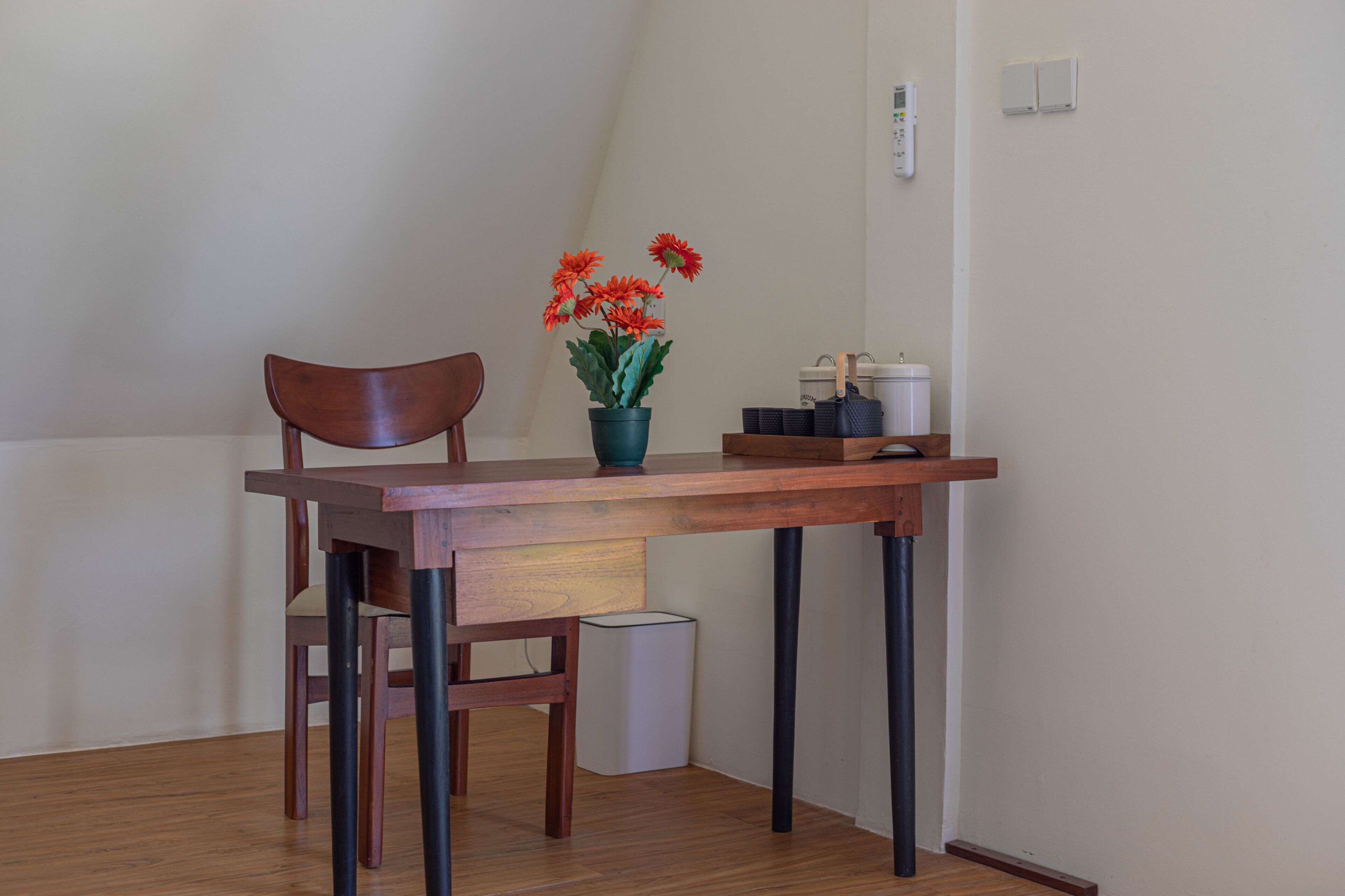 Une petite table en bois, sur laquelle est posée une plante en pot, et une chaise.