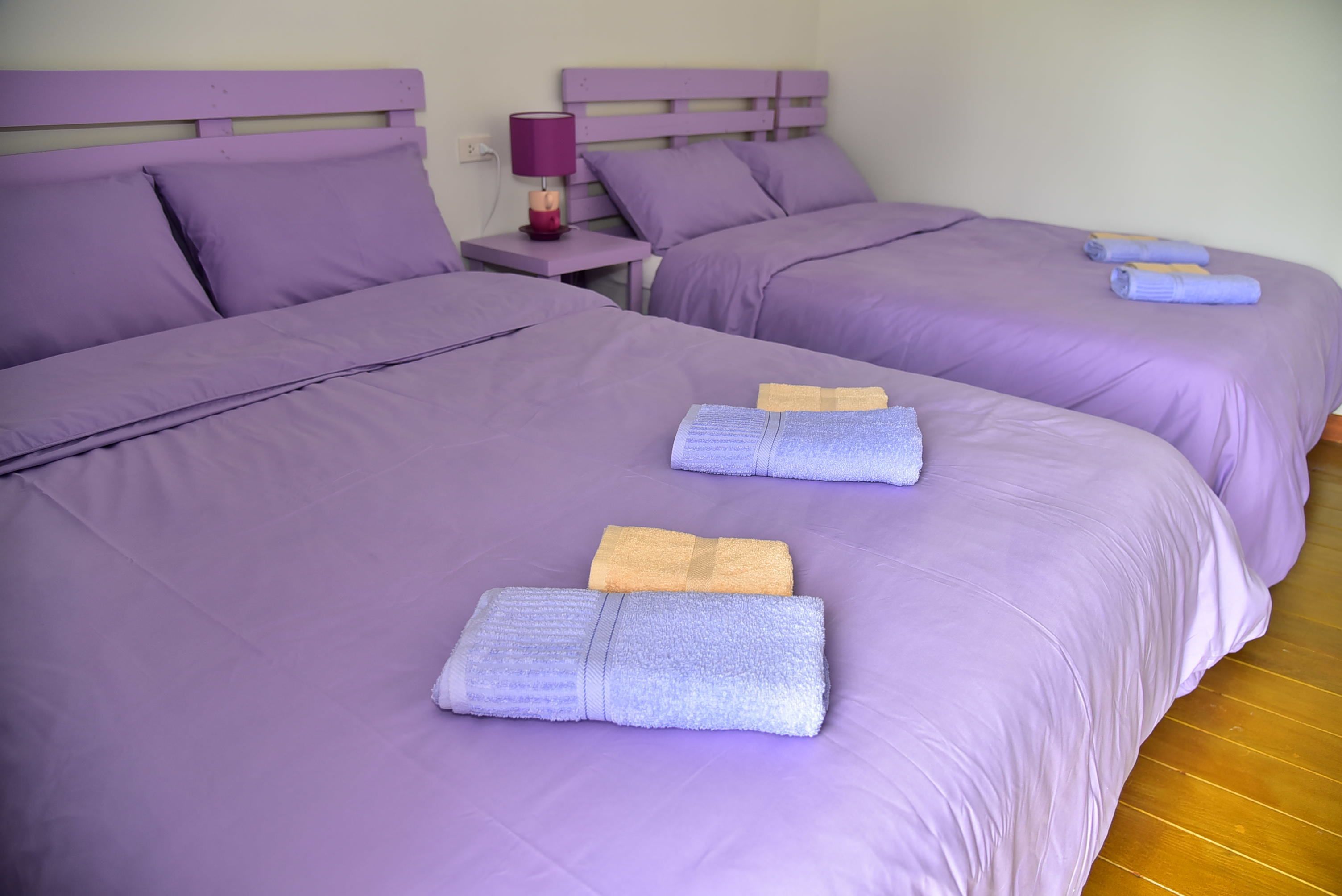 A room with two beds, each with purple bedding and towels. There is a nightstand with a lamp between the beds.