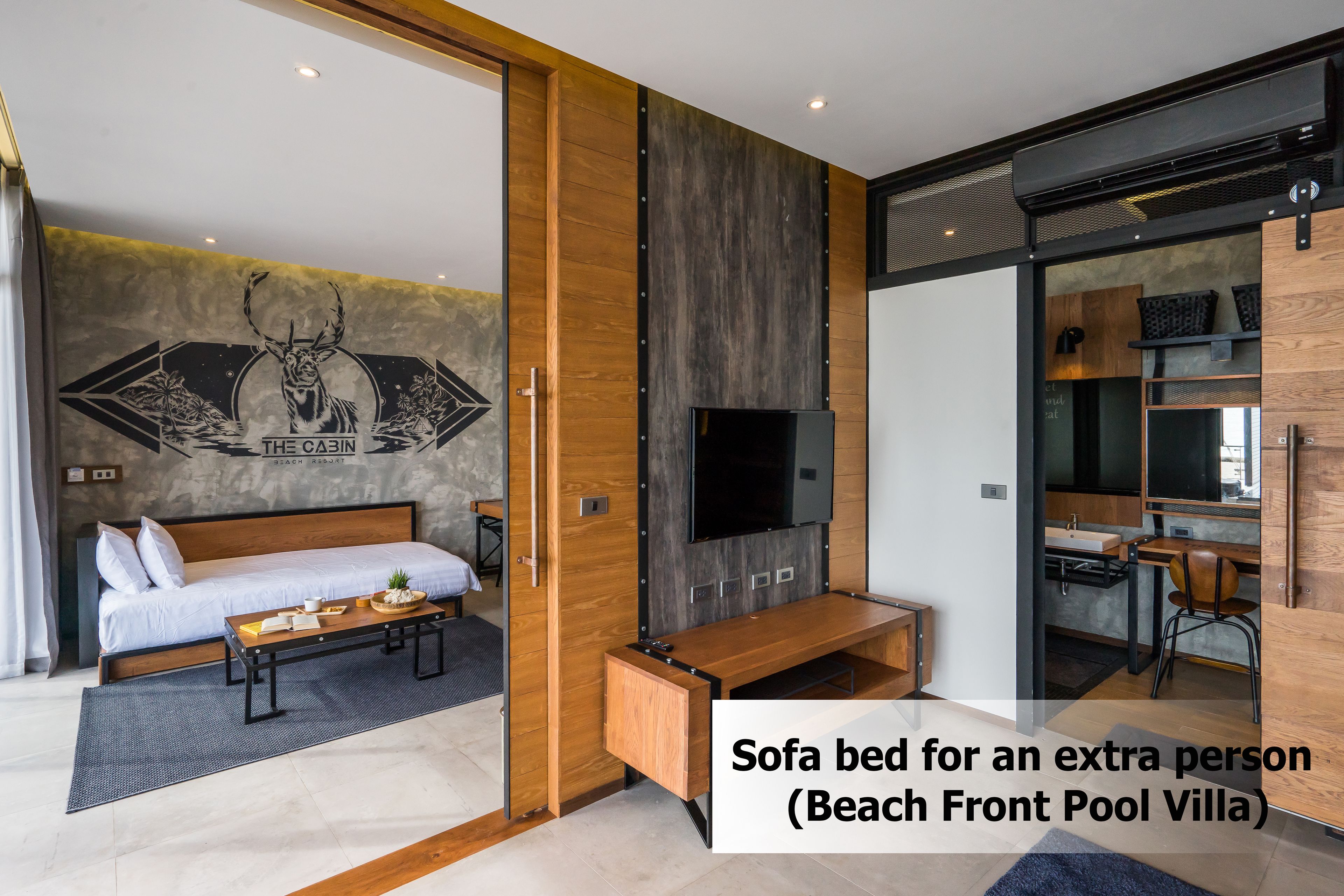A bedroom with a sofa bed for an extra person, a TV, and a wall mural.
