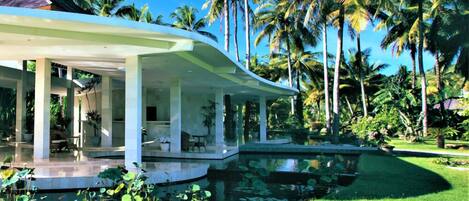 A modern house with a covered patio, a swimming pool, and lush tropical vegetation.