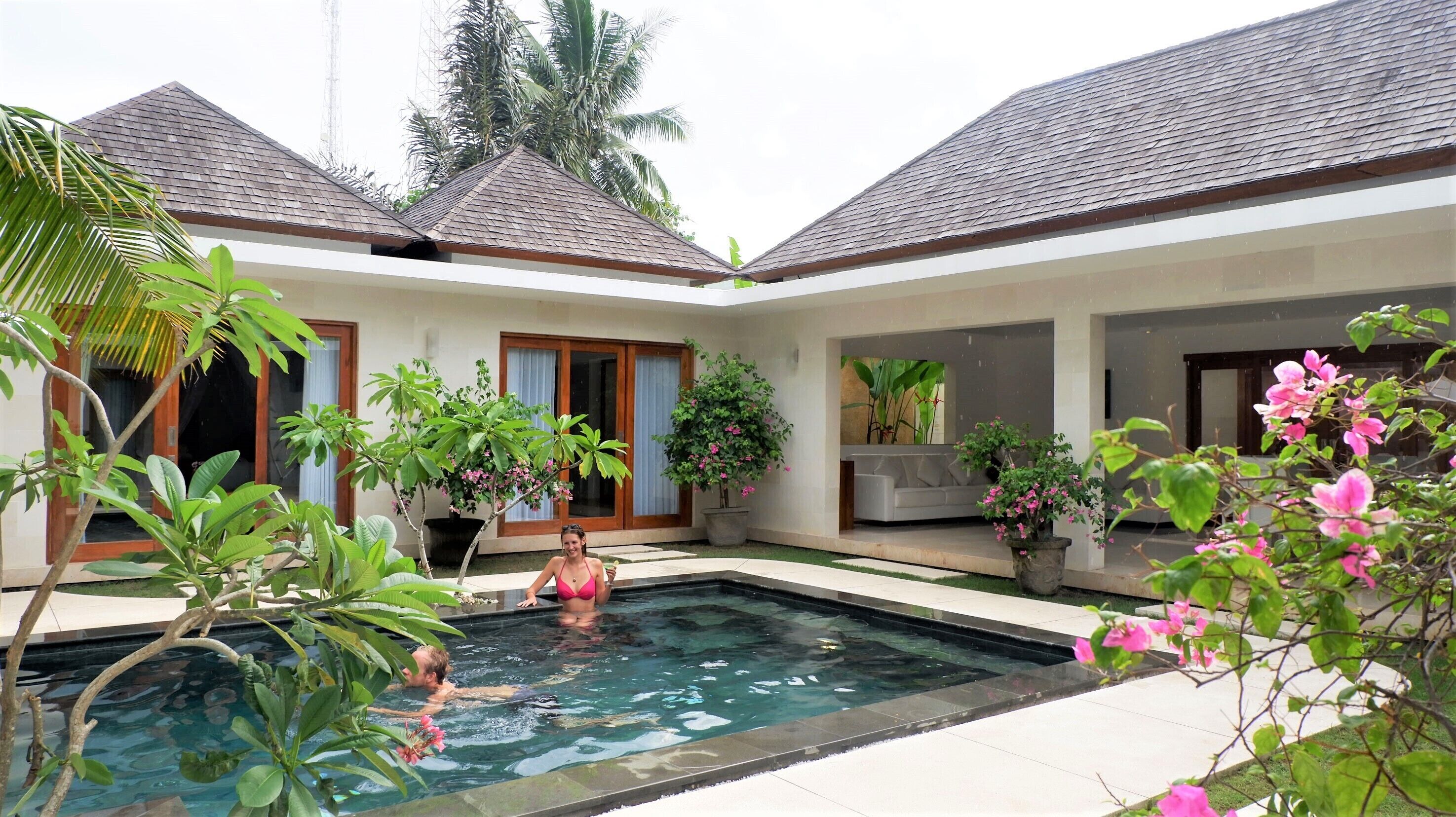 A swimming pool with a tiled deck, surrounded by potted plants and a palm tree.
